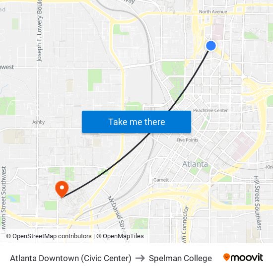 Atlanta Downtown (Civic Center) to Spelman College map
