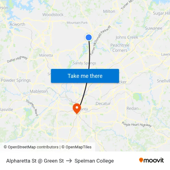 Alpharetta St @ Green St to Spelman College map