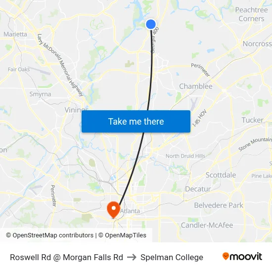 Roswell Rd @ Morgan Falls Rd to Spelman College map