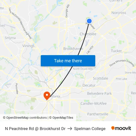 N Peachtree Rd @ Brookhurst Dr to Spelman College map
