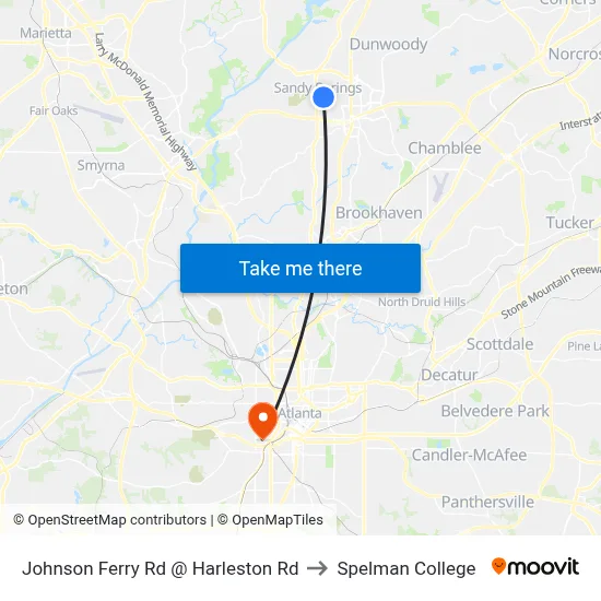 Johnson Ferry Rd @ Harleston Rd to Spelman College map