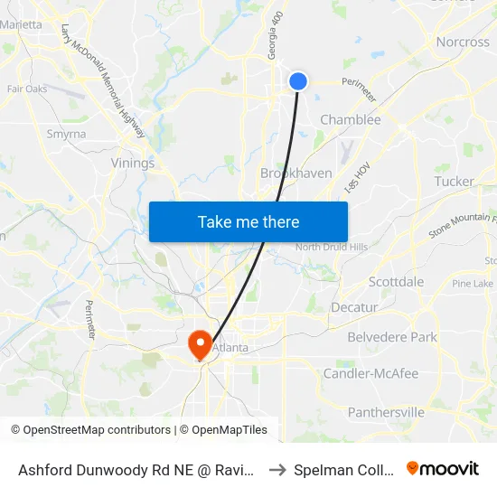 Ashford Dunwoody Rd NE @ Ravinia Dr to Spelman College map
