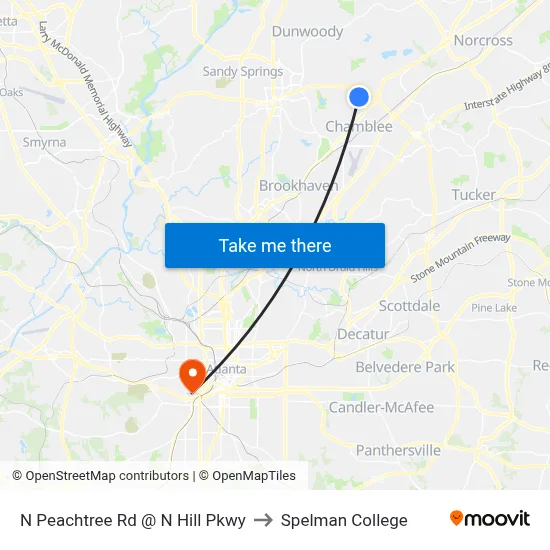 N Peachtree Rd @ N Hill Pkwy to Spelman College map
