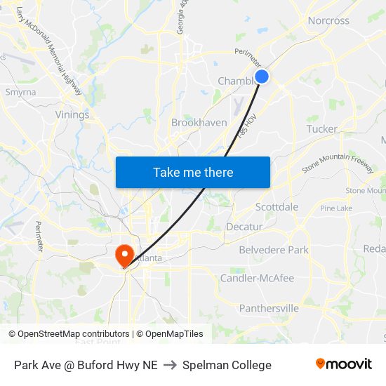 Park Ave @ Buford Hwy NE to Spelman College map