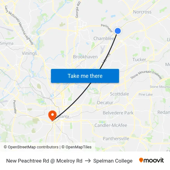 New Peachtree Rd @ Mcelroy Rd to Spelman College map