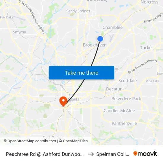 Peachtree Rd @ Ashford Dunwoody Rd to Spelman College map