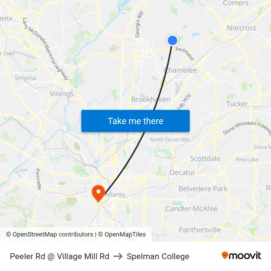 Peeler Rd @ Village Mill Rd to Spelman College map