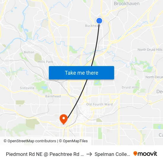 Piedmont Rd NE @ Peachtree Rd NE to Spelman College map