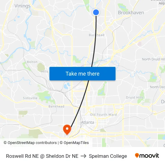 Roswell Rd NE @ Sheldon Dr NE to Spelman College map