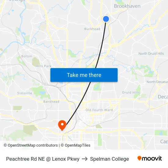 Peachtree Rd NE @ Lenox Pkwy to Spelman College map