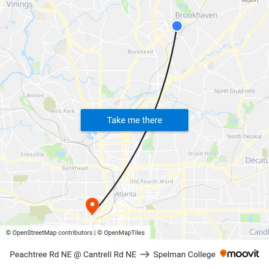 Peachtree Rd NE @ Cantrell Rd NE to Spelman College map