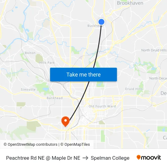 Peachtree Rd NE @ Maple Dr NE to Spelman College map