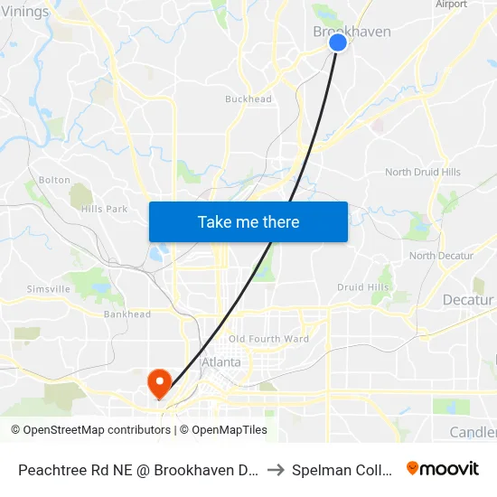 Peachtree Rd NE @ Brookhaven Dr NE to Spelman College map