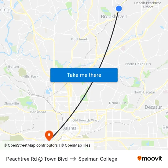 Peachtree Rd @ Town Blvd to Spelman College map