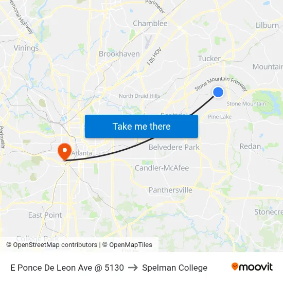 E Ponce De Leon Ave @ 5130 to Spelman College map