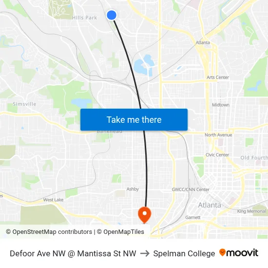 Defoor Ave NW @ Mantissa St NW to Spelman College map