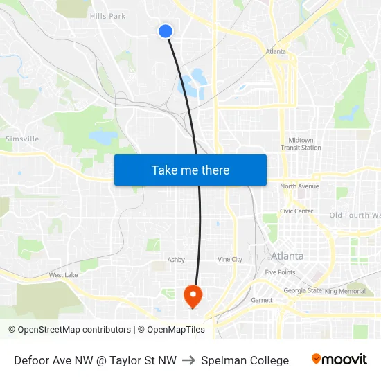 Defoor Ave NW @ Taylor St NW to Spelman College map