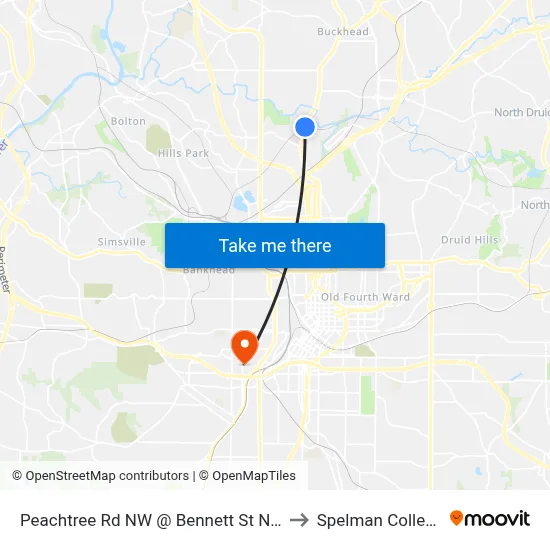 Peachtree Rd NW @ Bennett St NW to Spelman College map