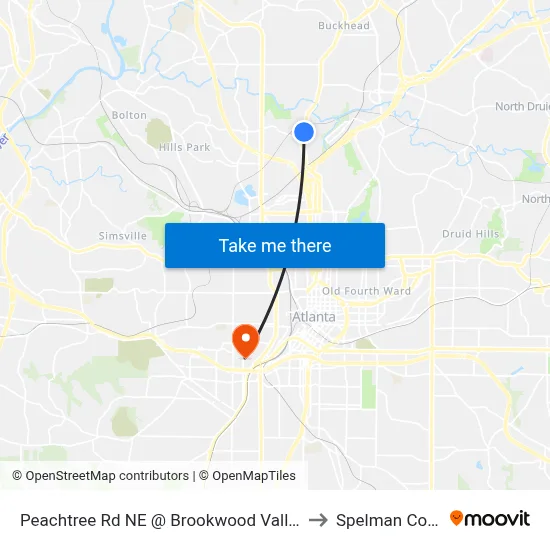 Peachtree Rd NE @ Brookwood Valley Cir NE to Spelman College map