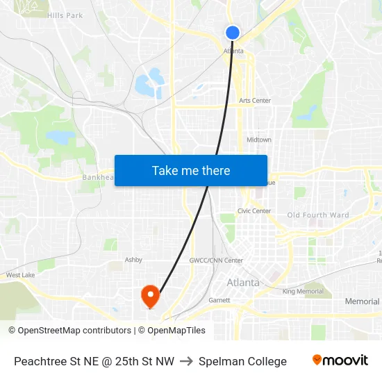 Peachtree St NE @ 25th St NW to Spelman College map