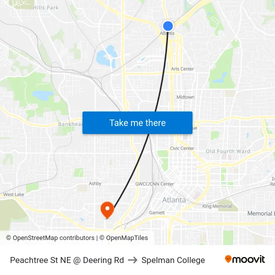 Peachtree St NE @ Deering Rd to Spelman College map