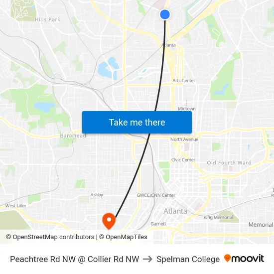 Peachtree Rd NW @ Collier Rd NW to Spelman College map