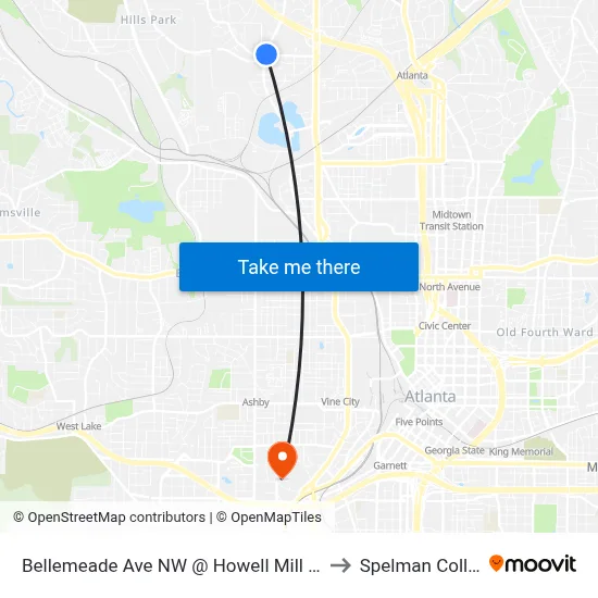 Bellemeade Ave NW @ Howell Mill Rd NW to Spelman College map