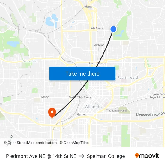 Piedmont Ave NE @ 14th St NE to Spelman College map