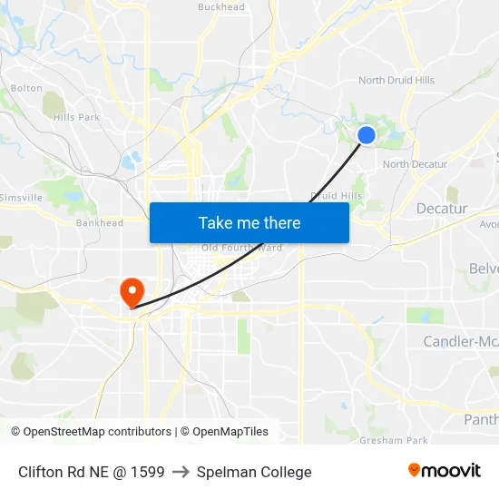 Clifton Rd NE @ 1599 to Spelman College map
