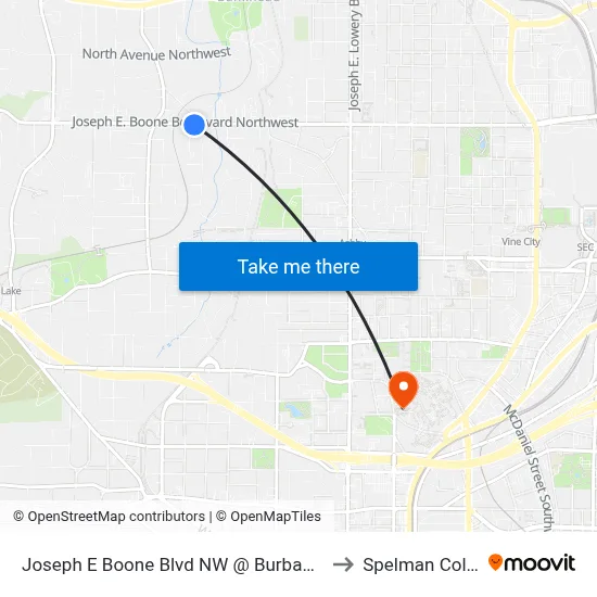 Joseph E Boone Blvd NW @ Burbank Dr NW to Spelman College map