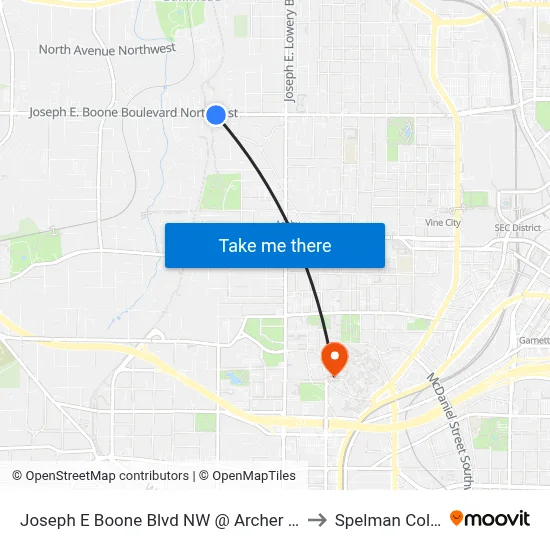 Joseph E Boone Blvd NW @ Archer Way NW to Spelman College map