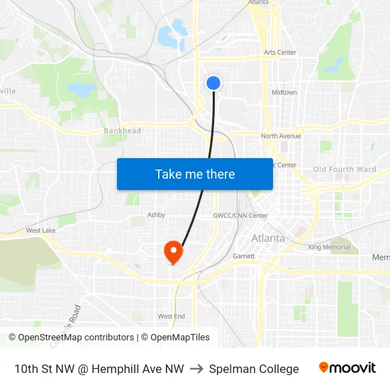 10th St NW @ Hemphill Ave NW to Spelman College map