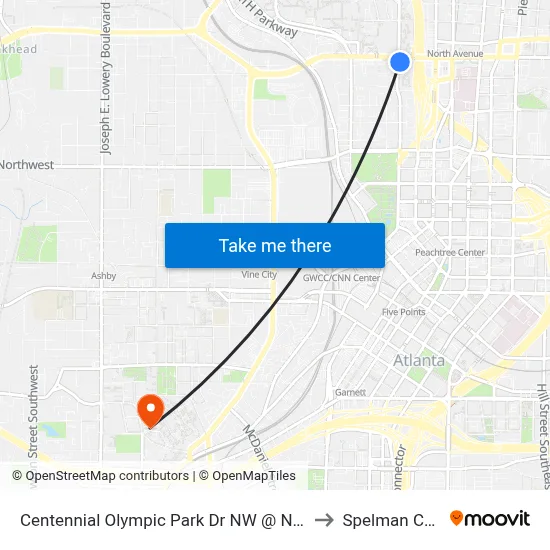 Centennial Olympic Park Dr NW @ North Ave NW to Spelman College map