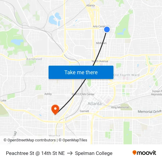Peachtree St @ 14th St NE to Spelman College map