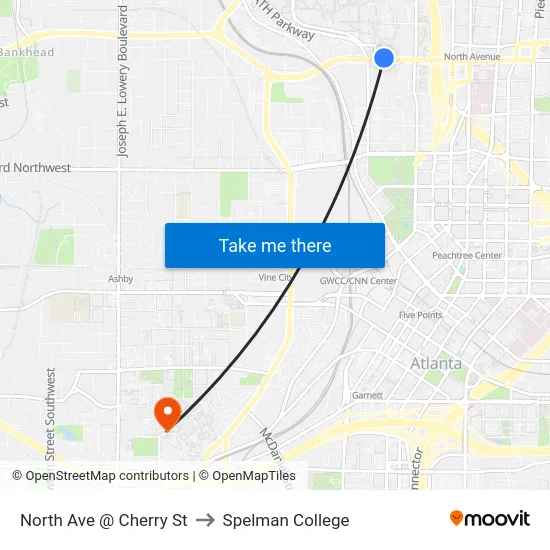 North Ave @ Cherry St to Spelman College map