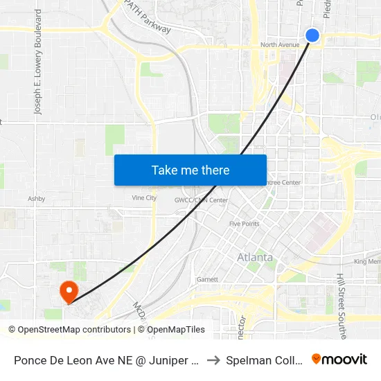 Ponce De Leon Ave NE @ Juniper St NE to Spelman College map
