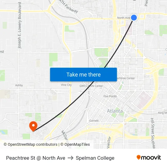 Peachtree St @ North Ave to Spelman College map