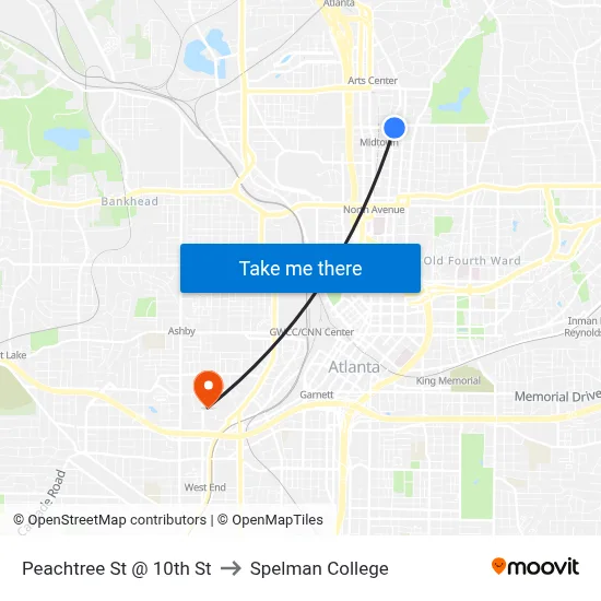 Peachtree St @ 10th St to Spelman College map
