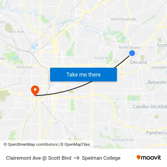 Clairemont Ave @ Scott Blvd to Spelman College map