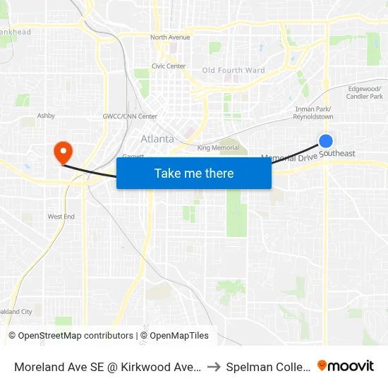 Moreland Ave SE @ Kirkwood Ave SE to Spelman College map