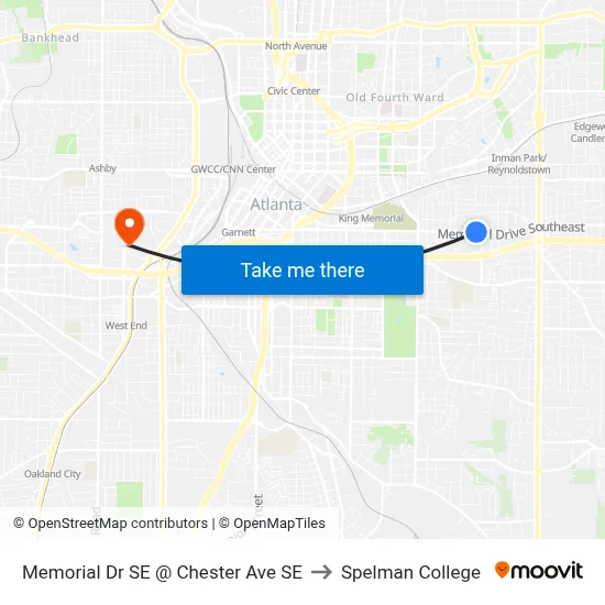 Memorial Dr SE @ Chester Ave SE to Spelman College map