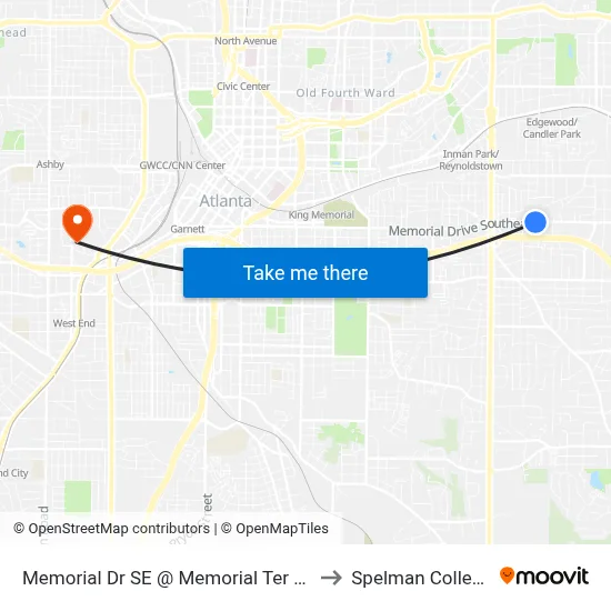 Memorial Dr SE @ Memorial Ter SE to Spelman College map