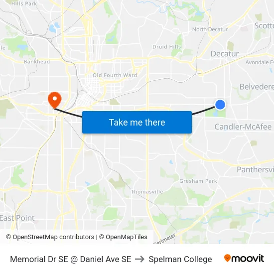 Memorial Dr SE @ Daniel Ave SE to Spelman College map