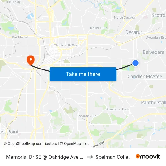Memorial Dr SE @ Oakridge Ave SE to Spelman College map