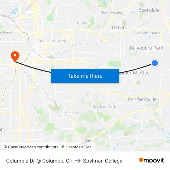 Columbia Dr @ Columbia Cir to Spelman College map