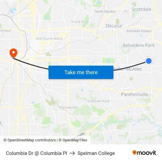 Columbia Dr @ Columbia Pl to Spelman College map