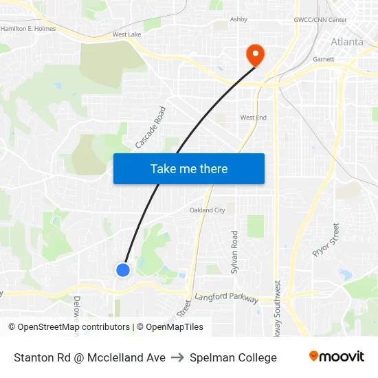 Stanton Rd @ Mcclelland Ave to Spelman College map