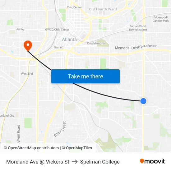 Moreland Ave @ Vickers St to Spelman College map