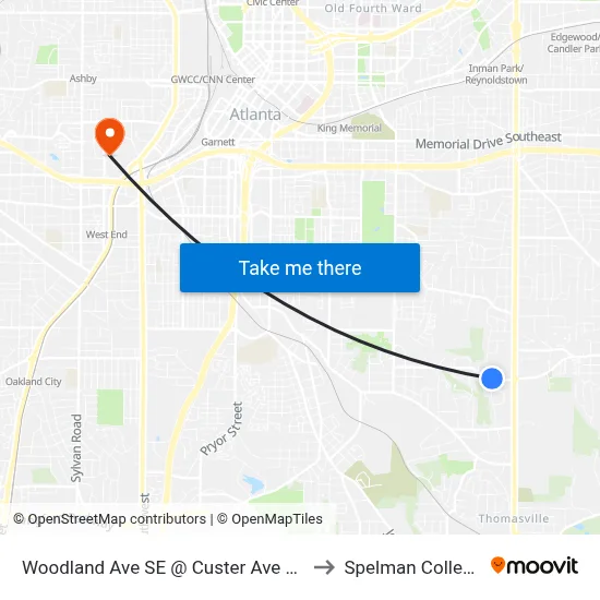 Woodland Ave SE @ Custer Ave SE to Spelman College map
