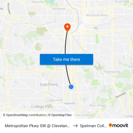 Metropolitan Pkwy SW @ Cleveland Ave S to Spelman College map